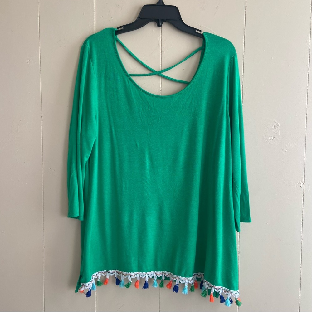 B.L.U.E. Green Top with Tassel Hem Crisscross Back Three Quarters Sleeves